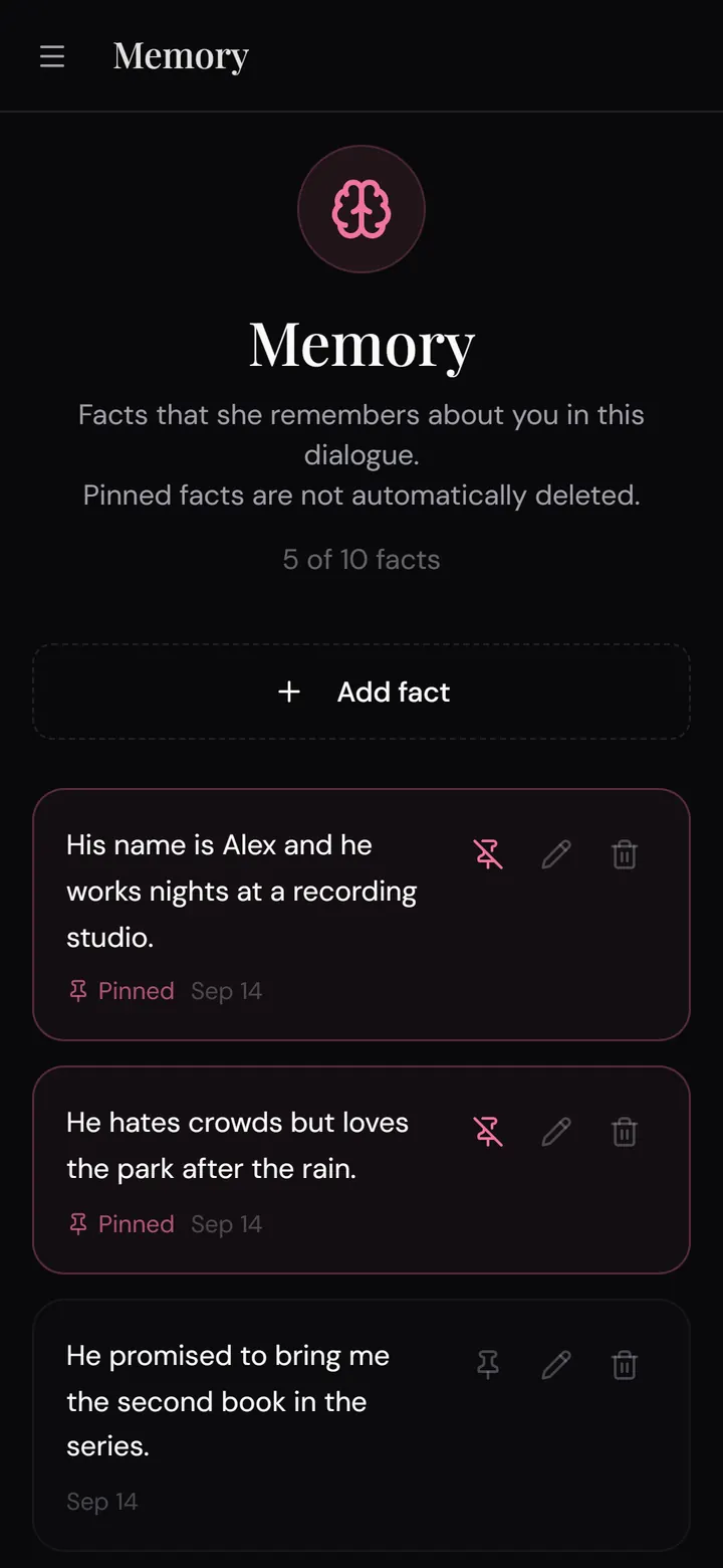 Nika app: Memory section listing key facts about the user, two of them pinned